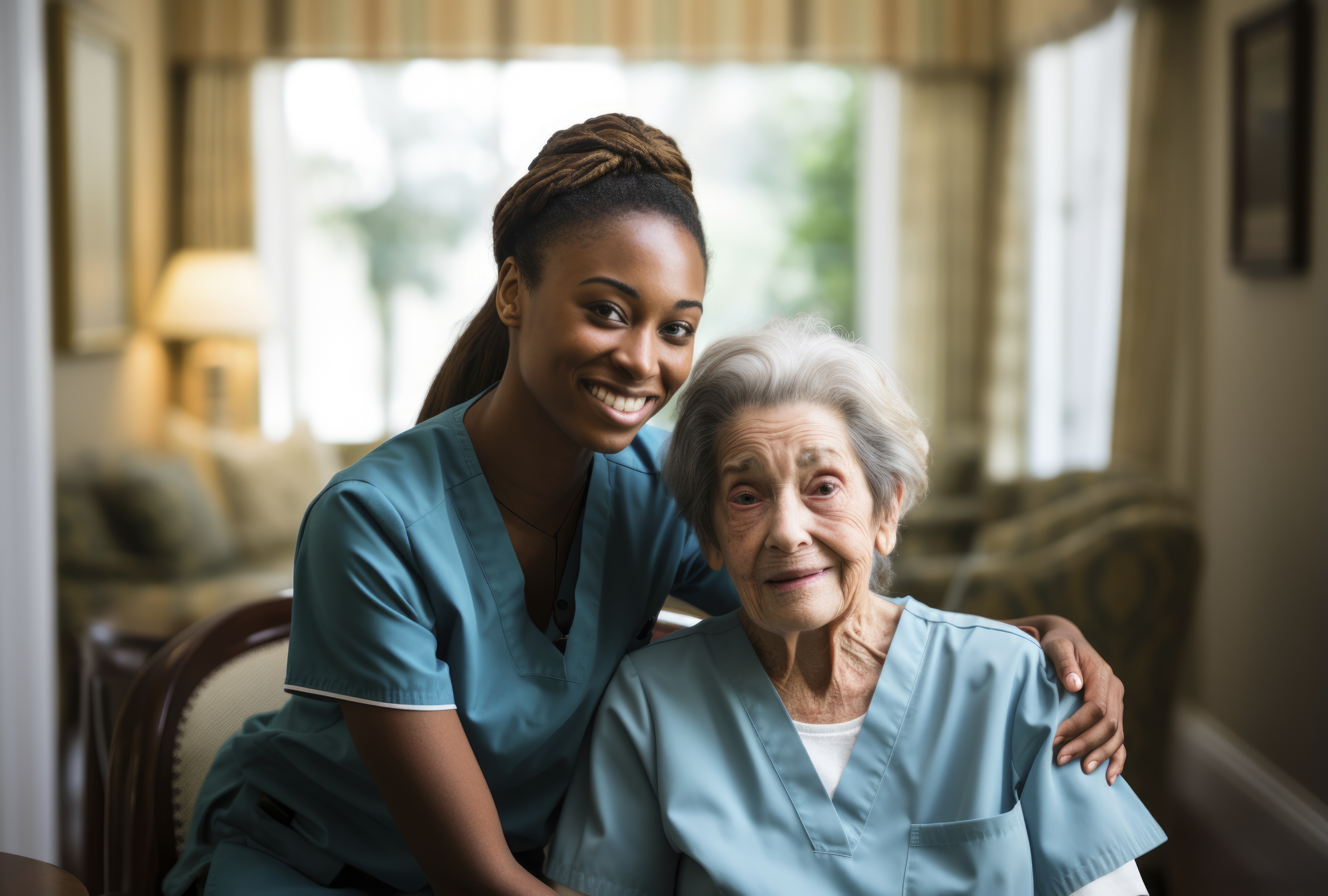 A nurse smiling alongside an older woman